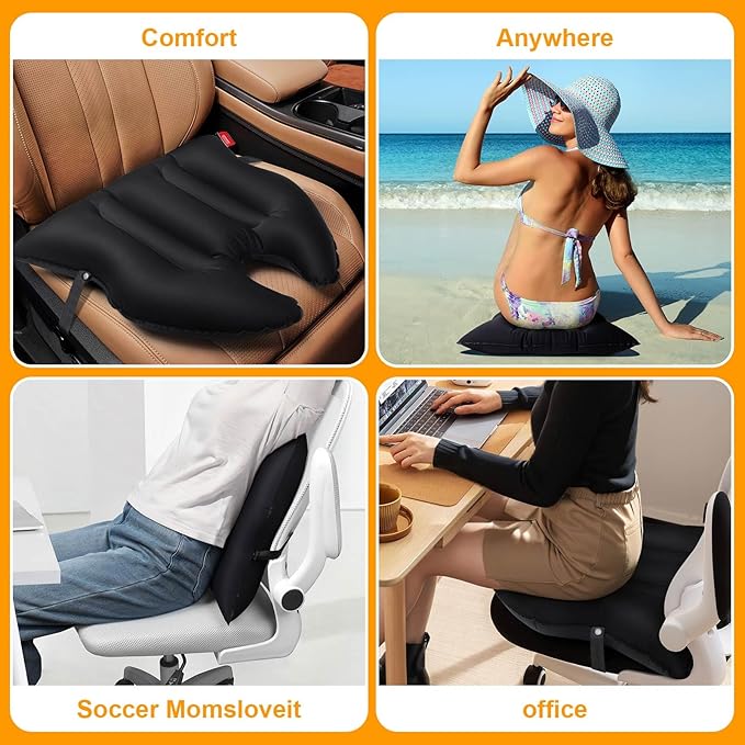 2 Pack Inflatable Seat Cushion, Lightweight, Waterproof, Suitable for Office/Home Chair Pad and Lumbar Pillow Support,Portable Air Seat Cushion for Travel,Car,Outdoor Stadium and Camping,Black
