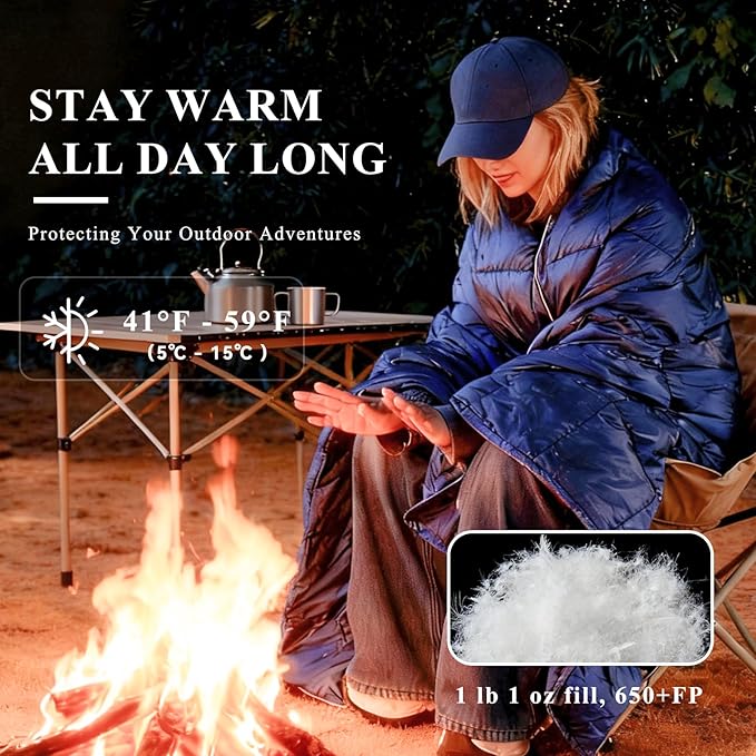 MOOX Down Camping Blanket - Packable Down Camping Quilt Backpacking Lightweight Waterproof Outdoor Hiking Stadium Warm Puffy Sleeping Bag 55"x79" Water Resistant Camp Travel Blanket, Blue Gray