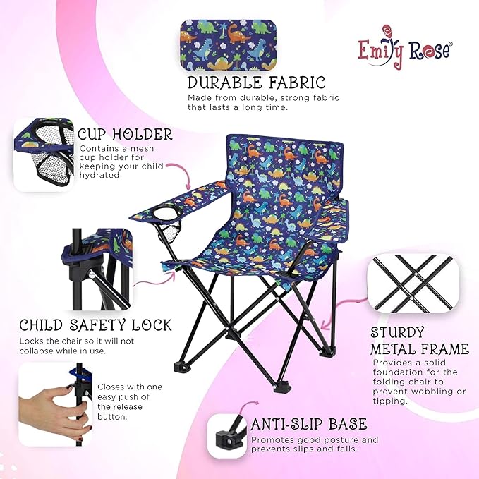 Emily Rose Playful Dinosaurs Kids Folding Camp Chair - Lightweight Portable Toddler Beach Chair Ages 2-7 with Safety Lock Cup Holder Carry Case 125 lb Capacity for Boys Girls Outdoor Adventures