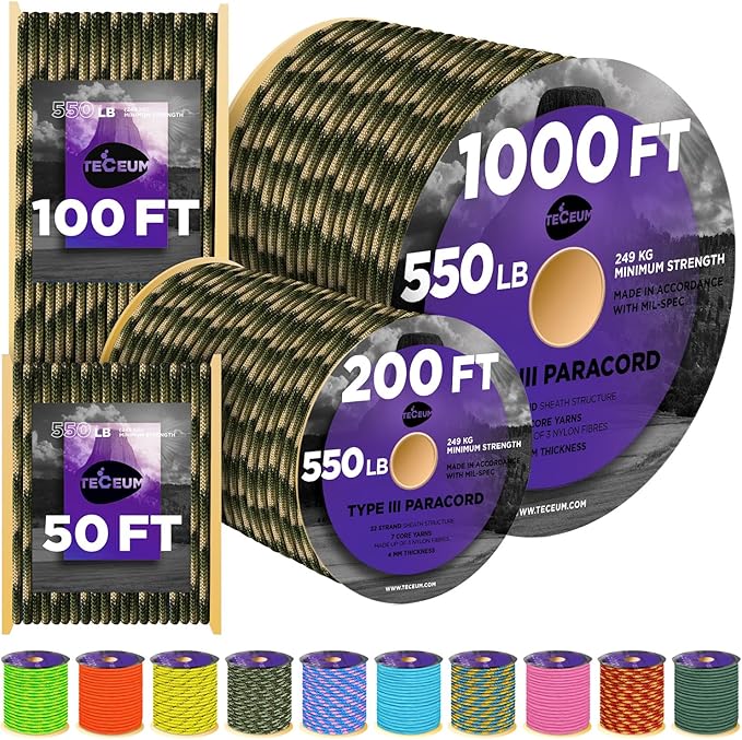 TECEUM Reflective Paracord Rope 1000 – 1000ft/200ft/100ft/50ft – 40+ Colors – Glow in The Dark – para Cord – Utility Rope for Survival, Hunting & Camping Gear – Nylon String, Camping Rope, Tent Cord