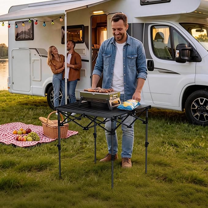 Anbte Camping Table Foldable, 2 Height Max 27.5" Aluminum Roll up Camping Table with Carry Bag & Heat-Resistant Tabletop, Lightweight, for Indoor Outdoor RV BBQ Picnic Patio Beach, 26" x 23", Black