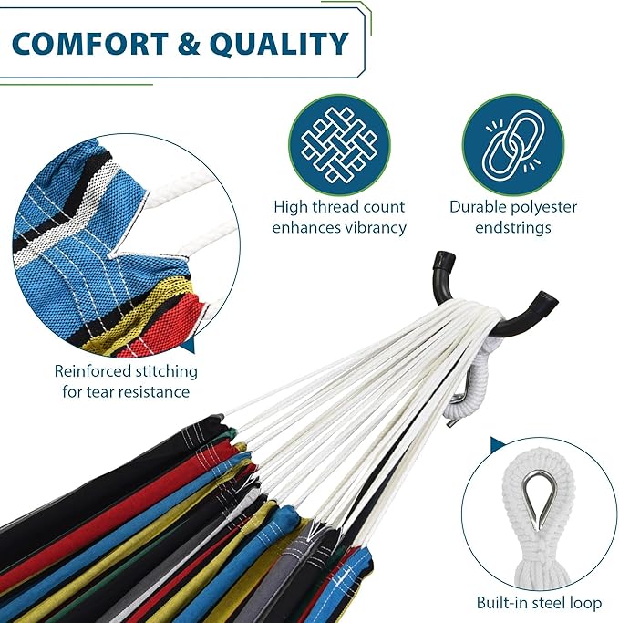 Vivere Double Cotton Hammock with Space Saving Steel Stand, Upgraded Polyester End Strings 450 lb Capacity - Premium Carry Bag Included - USA Grown Cotton (Rio Night)