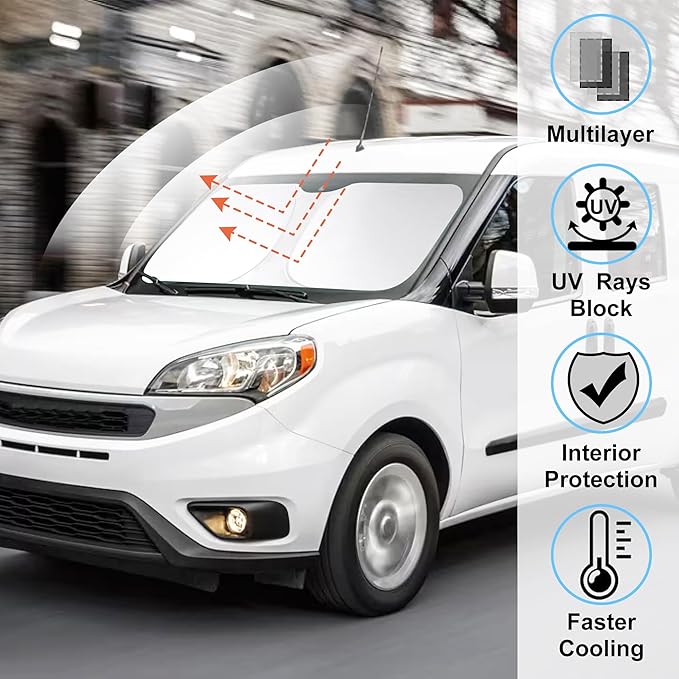 Windshield Sun Shade Custom Fit 2014-2023 2024 2025 2026 Dodge RAM ProMaster Accessories Full Size Cargo Van Chassis Cab Cutaway Front Window Sunshade Covers Keeps Car Cooler