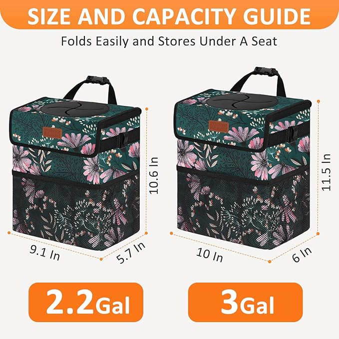 Vankor 3 Gallons Car Trash Can with Lid, Car Trash Bag Bin Hanging Waterproof Automotive Garbage Cans Leak Proof Vehicle Trash Can Navy Floral
