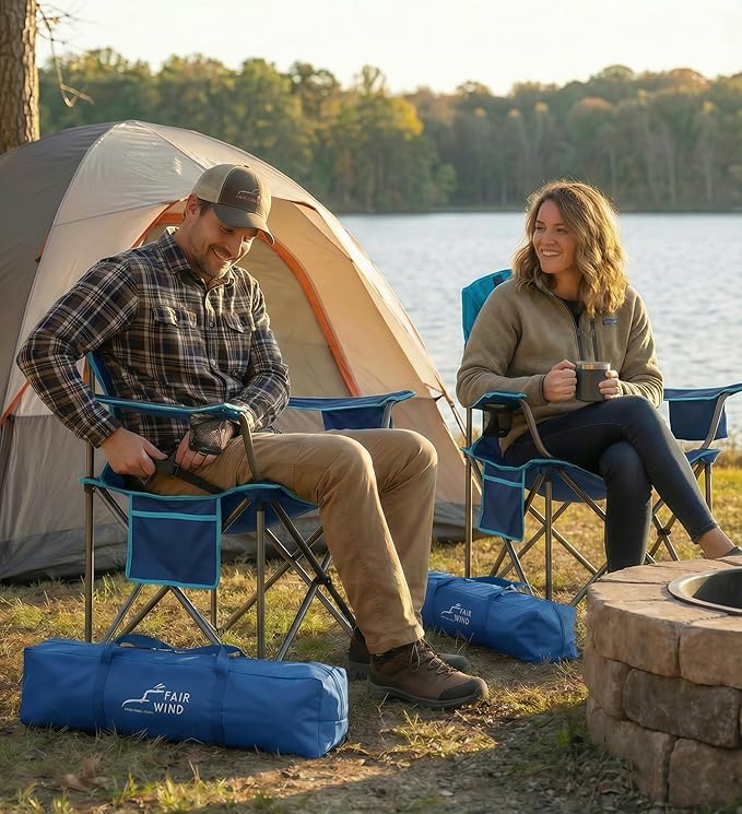 FAIR WIND 2 Pack Padded Camping Chair 500LBS Capacity Heavy Duty Oversized Folding Chair for Heavy People Portable Lawn Chair with Adjustable Lumbar Support, Cooler Bag & Cup Holder for Outdoor, Beach