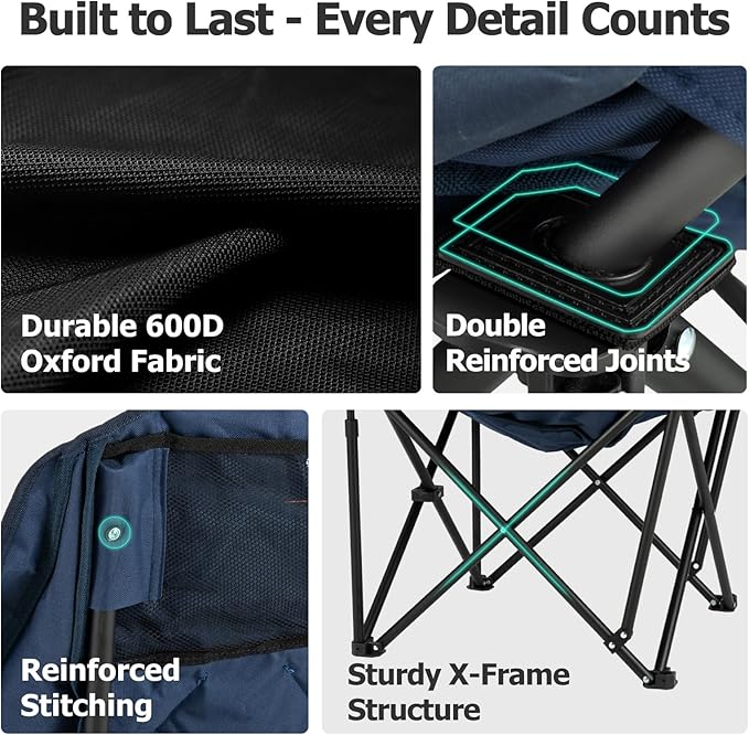 Overmont Oversized Camping Chair for Adults - 400lbs Support Heavy Duty Padded Folding Chair with Cooling Bag Cup Holder Side Pocket Carry Bag - Comfortable Portable for Outdoor Garden Sports Beach