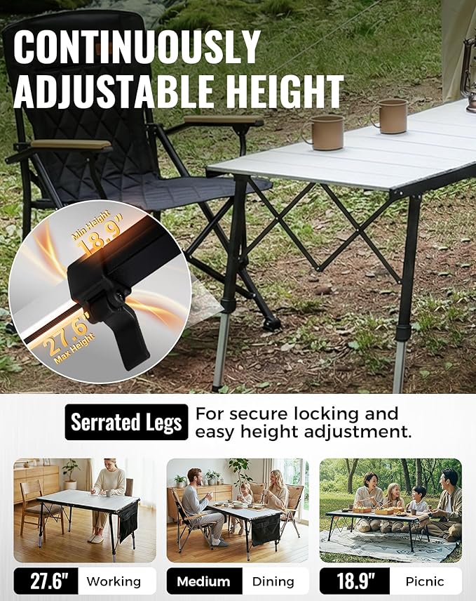 KingCamp Folding Camping Table Foldable, 55.1" x27.6" Aluminum Roll Up Table with Adjustable Height 6-7 Person Large Camp Tables Outdoor with Carrying Bag for BBQ, Patio, Picnic Loads 265 Lbs