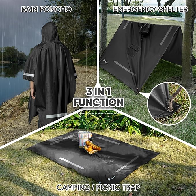 PTEROMY 3-in-1 Hooded Rain Poncho for Adult with Pocket, Waterproof Lightweight Unisex Raincoat for Hiking Camping Emergency
