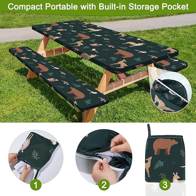 Picnic Table Cover with Bench Covers Portable Table Cloth Built-in Storage Pocket Fitted Tablecloth with Elastic Edges Waterproof Camping Essentials for Indoor Outdoor Rv,72in,Dark Green