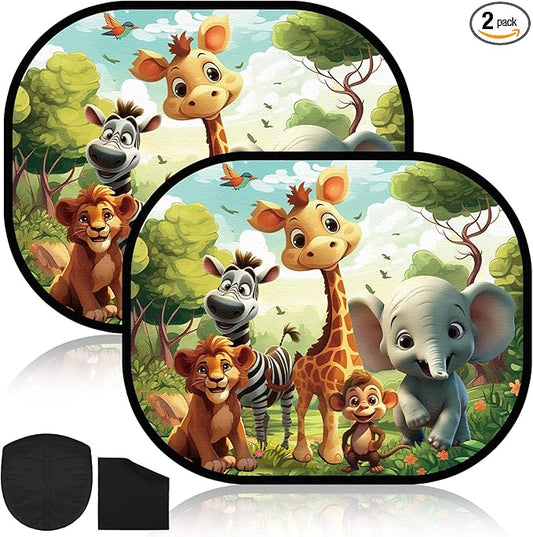 JUNEBRUSHS 2 Pack Car Window Shade With UV Protection for Baby - 17.6 x 14.4 Inches Sun Shade With Cute Animal Designs