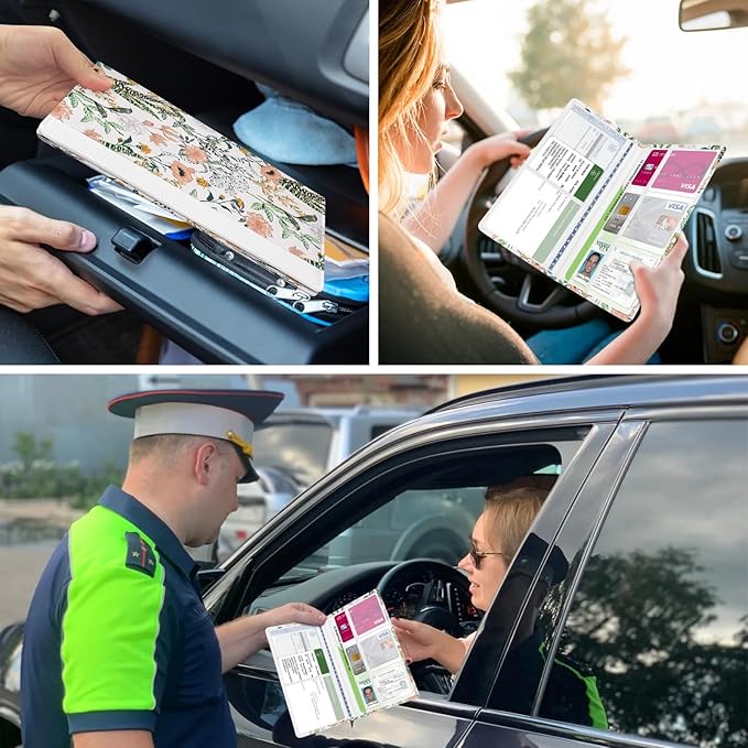 Car Registration and Insurance Holder, with Magnetic Closure for License, Cards and Documents, All Vehicle Needs and Car Accessories (Flower and Grass)