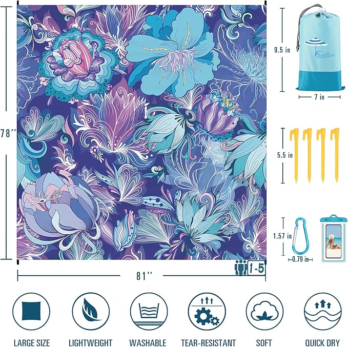 Famstar Beach Blanket Sandproof Waterproof 78''×81''1-5Adults Oversized,Compact Lightweight Durable Beach Mat for Travel Camping Hiking Picnic Blanket