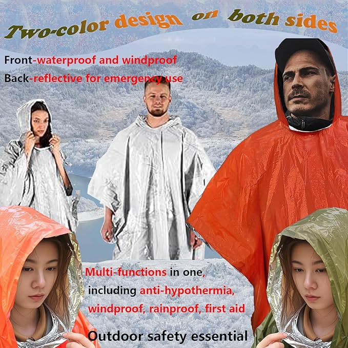 4X Surviv`al Gear kit, Emergency Poncho (2pc), Emergency Space Blanket (2pc), Mylar Liner - Retains 92% Body Heat, Outdoors, Hiking, Camping, Bug Out Bag, Marathons or First Aid, Car (G + O)