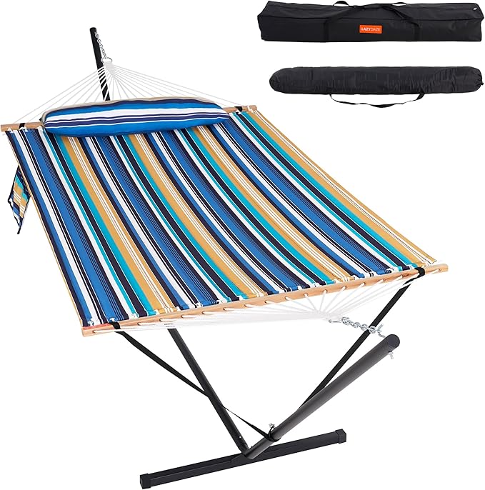 Lazy Daze Hammocks 2 Person Hammock with 12FT Stand for Outside, Quilted Double Hammock with Detachable Pillow, Balance Strap & Carrying Bag Included, 450lbs Capacity, Beach Stripes