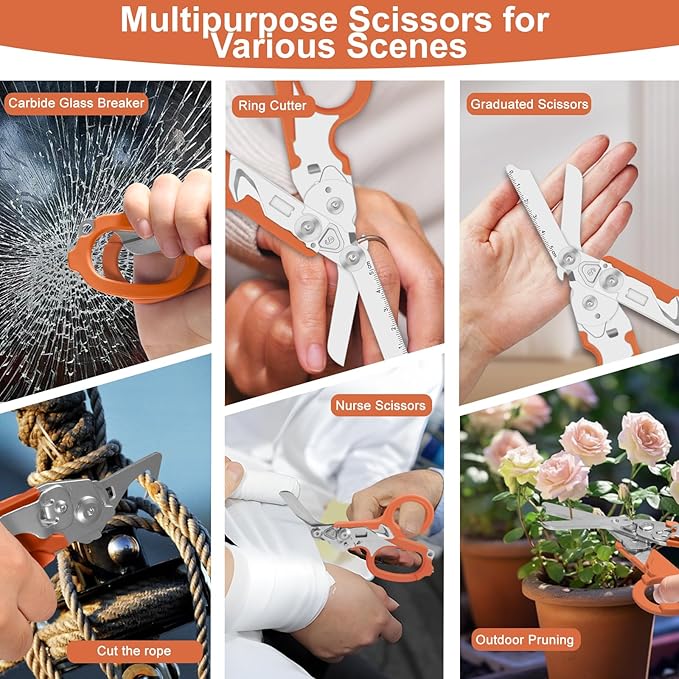 6-in-1 trauma shears - emergency responders, outdoor emergencies, medical staff, and outdoor camping, Gift box packaging with scissors storage K sheaths (Orange)