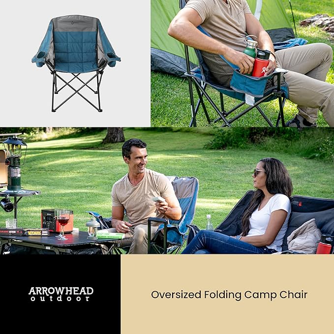 ARROWHEAD OUTDOOR Oversized Folding Camp Chair w/Adjustable Double Sized Cup Holder, Mesh Sides, Inner Pockets, Carry Bag, 300 LBS Weight Capacity