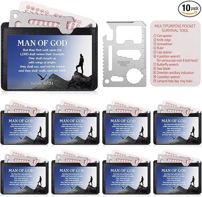 10 Pcs Man of God 11 in 1 Stainless Steel Credit Card Multitool Father's Day Gifts Survival Wallet Tool Bible Verse Ephesians 6: 10-11 Pocket Tool Set for Men Church Prizes Party Favor