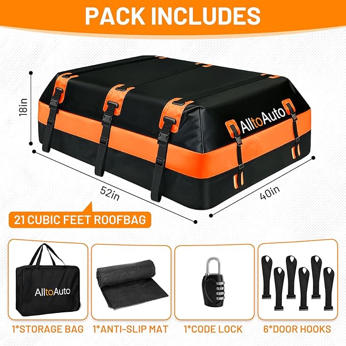 Car Rooftop Cargo Carrier 21 Cubic feet 100% Waterproof Heavy Duty PVC for All Cars with/Without Rack, Includes Anti-Slip Mat, 10 Reinforced Straps, 6 Door Hooks, Luggage Lock