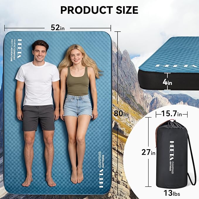 HEETA Self Inflating Sleeping Pad with Electric Pump, 4" Ultra Thick Memory Foam Camping Mattress, 9.5 R-Value Insulated Sleeping Mat, Easy to Inflate & Deflate for Camping Car Travel Tent Cot Bed