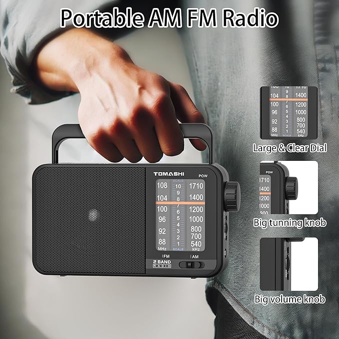 TOMASHI Portable Radio am fm,Transistor Radio with Best Reception,Large Tuning Knob,Battery Operated by 3 D Cell Batteries or AC Power,Big Speaker,Suit for Senior and Home (Black)