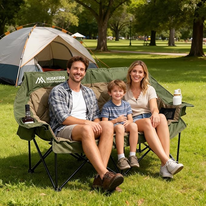 Huskfirm Double Camping Chair Oversized Padded Camping Chairs for Adults Folding Loveseat with Cup Holders and Side Pockets Heavy Duty Outdoor Lawn Chairs for Camping,Sports, Fishing,Beach,Green
