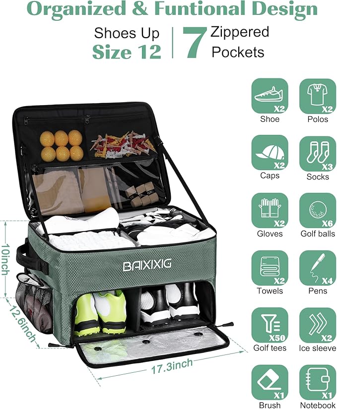 Golf Trunk Organizer, Waterproof Car Golf Locker with Separate Ventilated Compartment for 2 Pair Shoes, Golf Storage for Balls, Tees, Cap, Clothes, Gloves, Accessories, Gifts for Men, Women