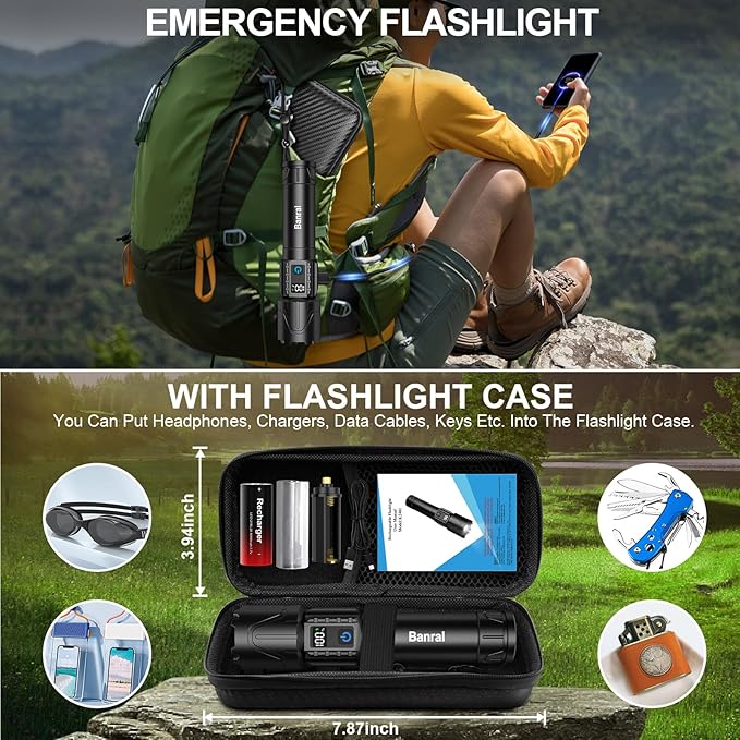Banral Rechargeable Tactical Flashlights 2000 High Lumens - 5000mAh Super Bright LED Powerful Flash Light, Waterproof Handheld USB C Flashlight for Home,Car,Camping,Emergencies,5 Modes (2, Black)