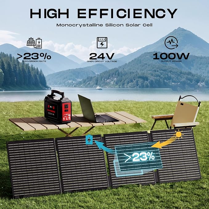 MARBERO 100W Portable Solar Panel IP68 Waterproof 100 Watt 20V Foldable Solar Panel Charger for Power Station QC3.0 USB & DC Output >23% High Efficiency for Camping Outdoor Home RV Blackout Cloudy