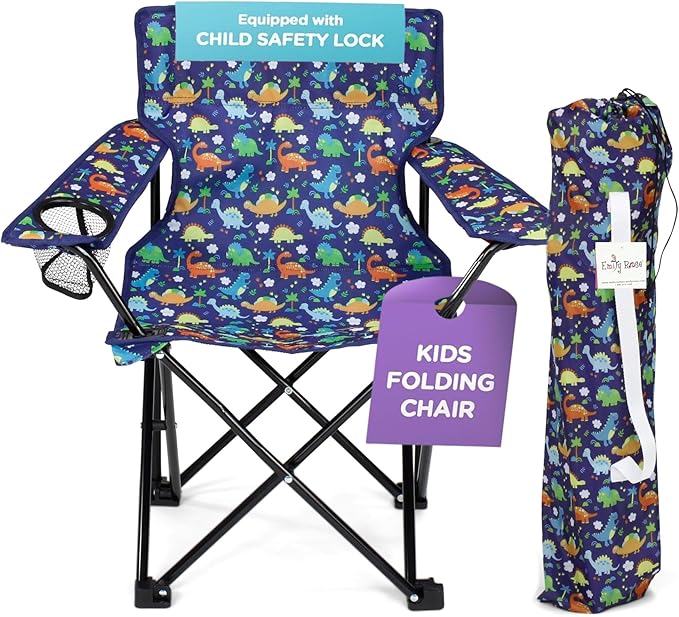 Emily Rose Playful Dinosaurs Kids Folding Camp Chair - Lightweight Portable Toddler Beach Chair Ages 2-7 with Safety Lock Cup Holder Carry Case 125 lb Capacity for Boys Girls Outdoor Adventures