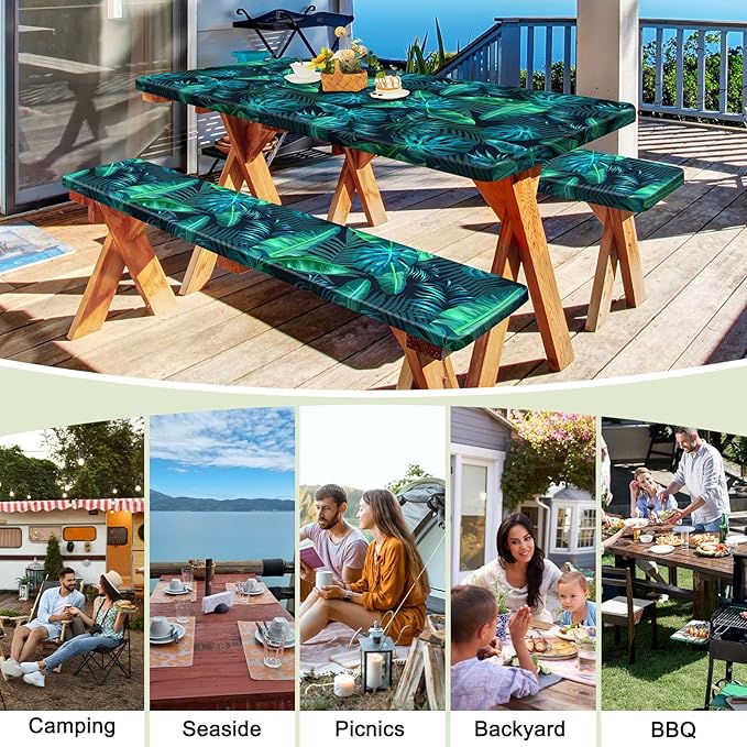 Picnic Table Cover with Bench Covers Portable Table Cloth Built-in Storage Pocket Fitted Tablecloth with Elastic Edges Waterproof Camping Essentials for Indoor Outdoor Rv,72in,Teal