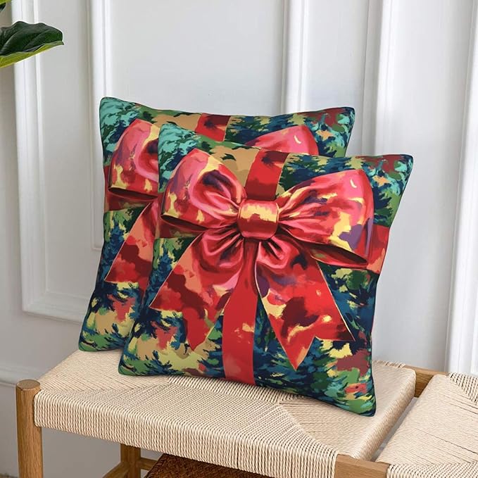 Christmas Bow Art Theme Throw Pillow Covers 18x18 inch Set of 2 Pillow Case Cushion Cover for Home Sofa Couch Living Room Car Decor