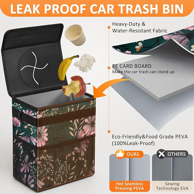 Vankor 3 Gallons Car Trash Can with Lid, Car Trash Bag Bin Hanging Waterproof Automotive Garbage Cans Leak Proof Vehicle Trash Can Navy Floral