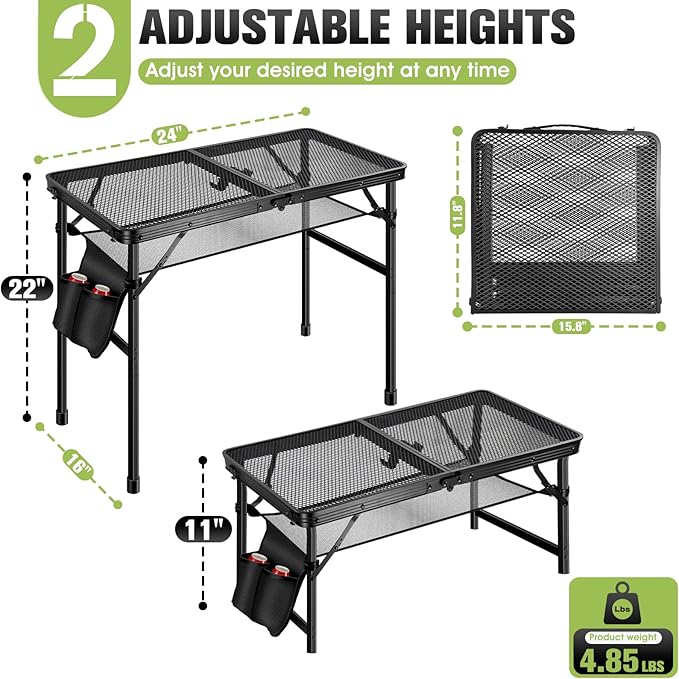 Ciavca Upgraded Folding Grill Table - Metal Portable Camping Table, 2 Height Adjustable Max 22", Lightweight Foldable for Outside BBQ 24"x15.8"