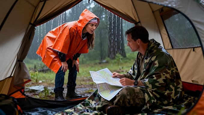 4-Pack Emergency Survival Kit,Camo Emergency Blankets（2） + Orange Emergency Ponchos（2）, Waterproof & Thermal Insulated PE & Mylar Gear for Camping, Hiking, Disaster Preparedness
