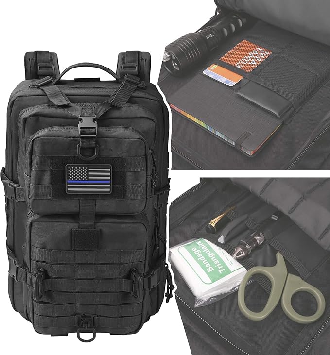 Hannibal Tactical MOLLE Assault Backpack, Tactical Backpack Military Army Camping Rucksack, 3-Day Pack Trip w/USA Flag Patch, D-Rings, Black