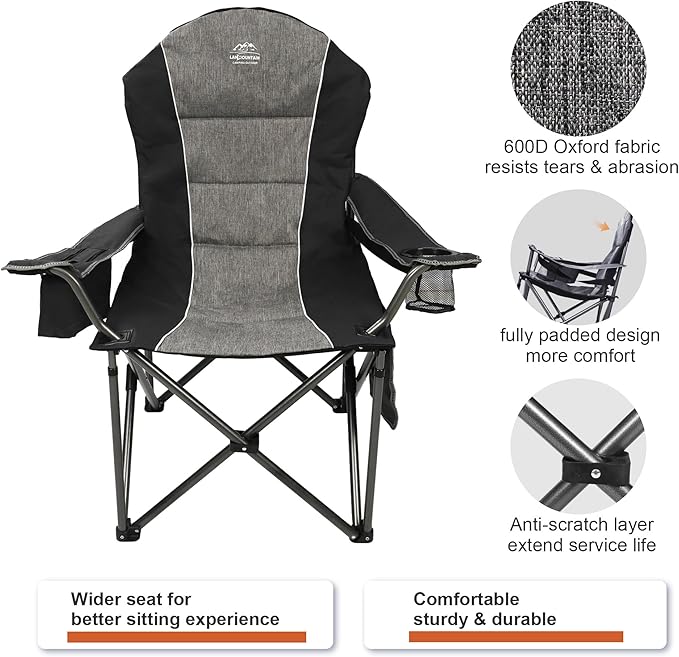 Camping Chairs for Adults,High Back Folding Camp Chair with Cup Holder and Cooler Bag,Heavy Duty Outdoor Lawn Chairs,Perfect for Camping,Hiking,Picnics,and Beach Trips,Black