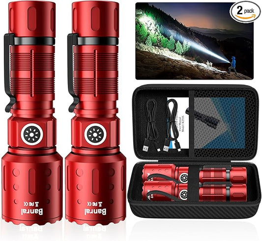 Banral Flashlights High Lumens Rechargeable, Super Bright Long Range Small Powerful Flashlight, 6 Modes LED Tactical Pocket Waterproof Flash Light for Home Emergency (2, Red)