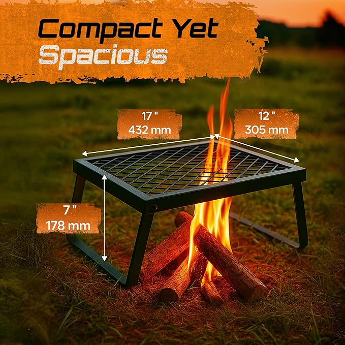 Adventure Seeka Folding Campfire Grill – Portable Over-Fire Grill with Food-Safe Coating, Heavy Duty Steel, Compact with Folding Legs - Camping, RV, Overlanding, Fire Pits
