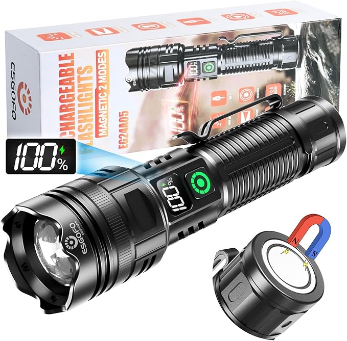 Esgofo Rechargeable Flashlights High Lumens 100000 2 Modes High/Low, Super Bright Magnetic LED Flashlight Long Distance 3280FT, Powerful Long Lasting Strong Flash Light USB C with Clip for Hiking