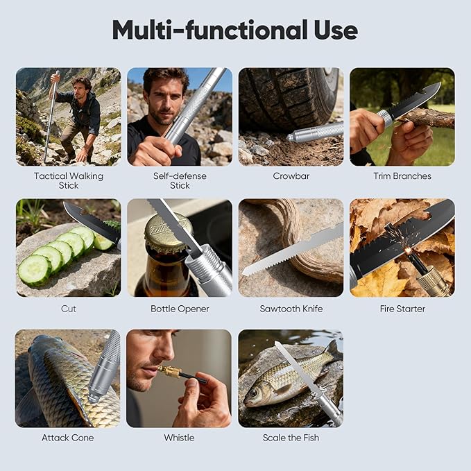 15-in-1 Tactical Walking Stick with Spear & Knife & Flashlight & Thermal Gloves & Anti-Slip Tape, Multitool Survival Hiking Stick, Self Defense Trekking Pole for Outdoor Adventures, Camping, Hunting