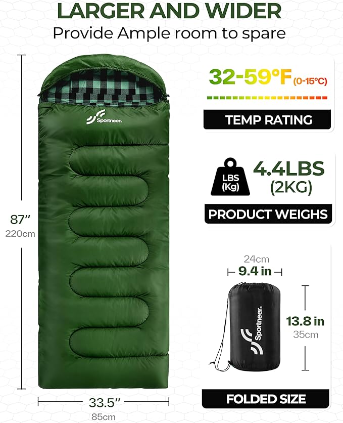Sportneer 0 Degree Sleeping Bag for Cold Weather, XL Winter Sleeping Bag for Adults, Flannel Lined Camping Sleeping Bag, 32°F–59°F Rated, 87" x 33.5", 4.4 lbs, Detachable Hood, Compression Sack