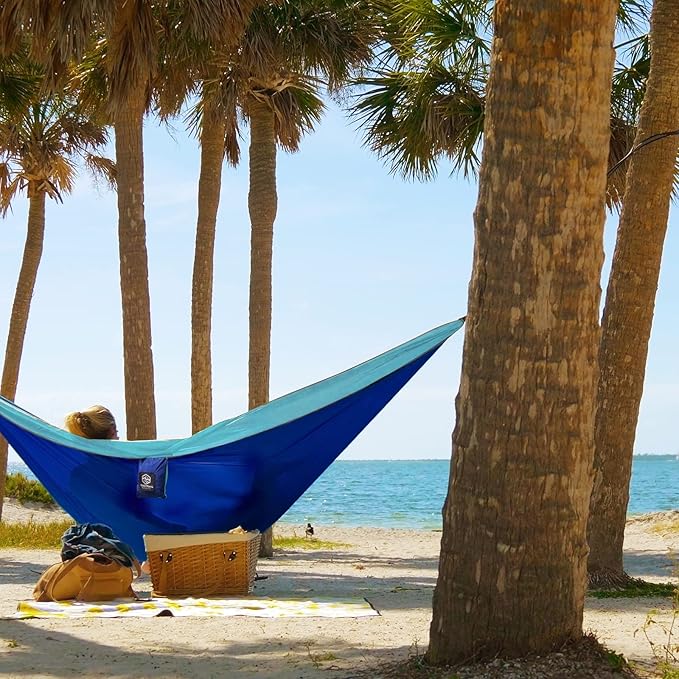 Coastrail Outdoor Deluxe Portable Hammock Compact 1-Person 108"*54" Hammock Multi-Purpose Indoor/Outdoor- Hammock Kit with Tree Straps and Carabiners, Blue, One Size