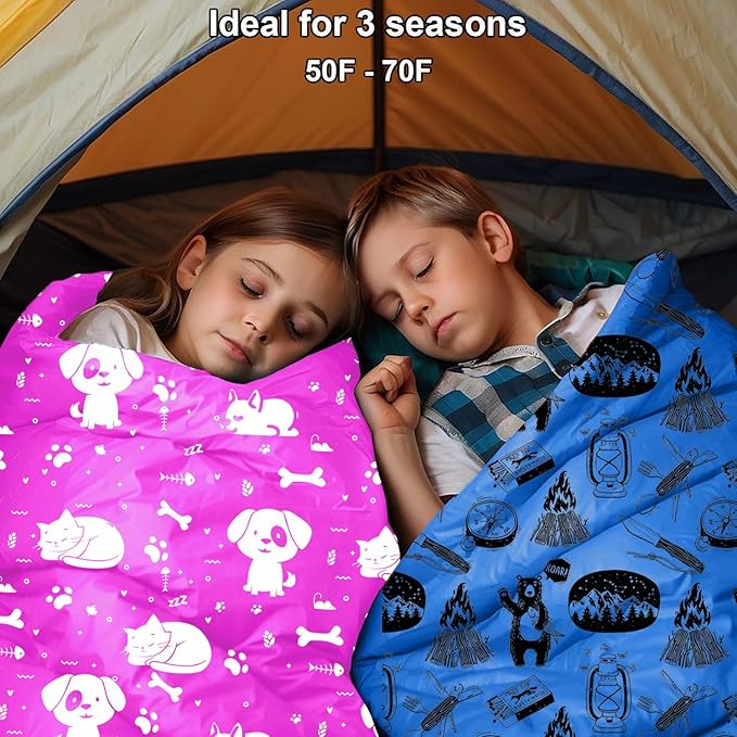 Ultralight 3 Season Kids Sleeping Bag | 50F- 70F Indoor/Outdoor Sleeping Bag for Boys, Girls, and Youth | Ultra Compact, Ideal for Camping and Sleepover