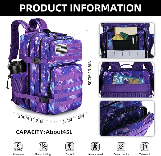 Lovelinks21 45L Tactical Assault Backpack 3 day assault pack with Molle Waterproof backpack Rucksack for Tactical Backpacks (Purple Camo)