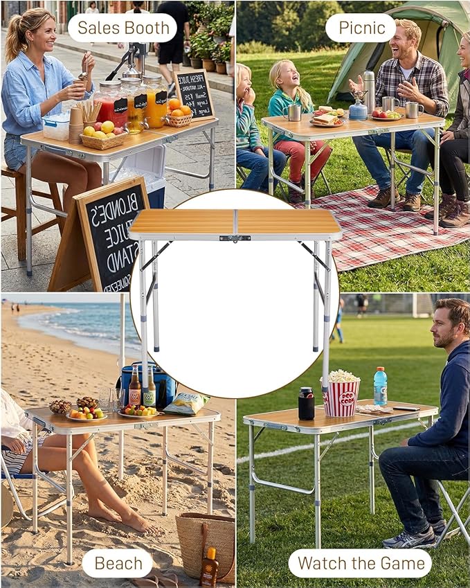 Outvita 3ft Portable Folding Camping Table, Outdoor Waterproof Adjustable Height Table, Aluminum Lightweight Suitcase Foldable Table for Picnic BBQ Beach Dining