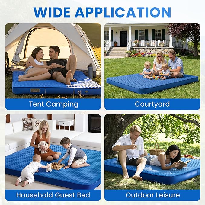 Self Inflating Double Sleeping Pad for Camping with Electric Pump 4 Inch Ultra Thick Memory Foam 2 Person Inflatable Sleeping Pad All Season Full Size Portable Camping Mattress for Travel, Tent (Blue)
