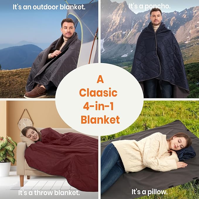 4-in-1 Large Outdoor Blanket - Waterproof & Windproof Thickened Warm Fleece Camping Blanket for Stadium, Hiking, Sporting Events - 81"x57", Packable (Dark Gray)
