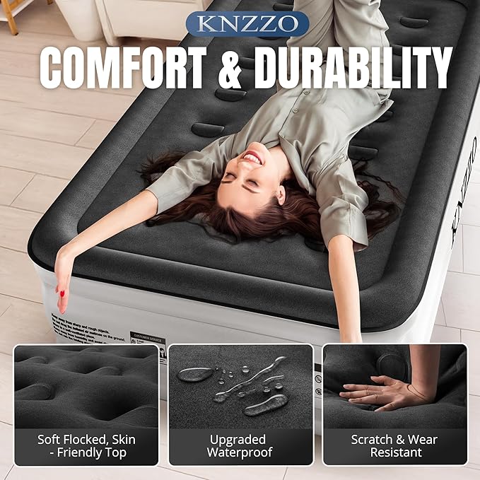 KNZZO Twin Air Mattress with Built-in Pump, 18" Top Inflatable Mattress with Waterproof Flocking Fabric, Three-Minute Quick-Inflatable Bed. Portable Blow Up Mattress for Home, Outdoor and Guests