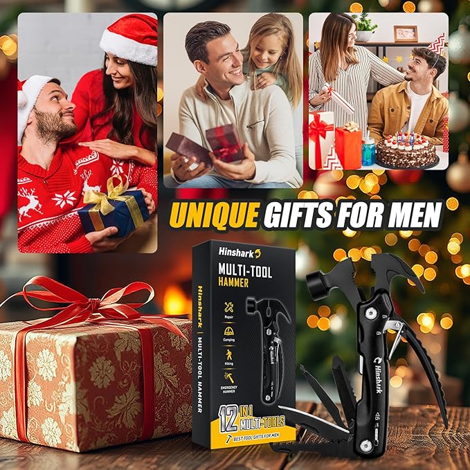 Gifts for Men, 12 in 1 Hammer Multitool, Anniversary Birthday Gift for Men Dad Husband Him Grandpa, Unique Gifts for Dad Who Have Everything, Camping Essentials Cool Gadgets Tools