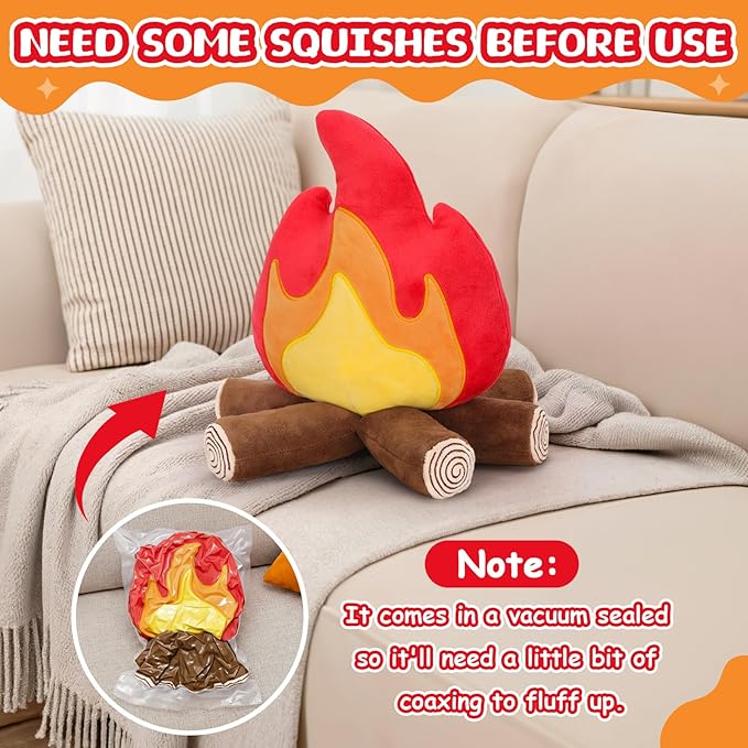 FunisFun Campfire Plush Toys, Fake Fire Firewood Plush Pillow - Realistic Flameless Campfire Decor for Adults, Cozy Home Office Room Decoration, Camping Enthusiast Gift Idea